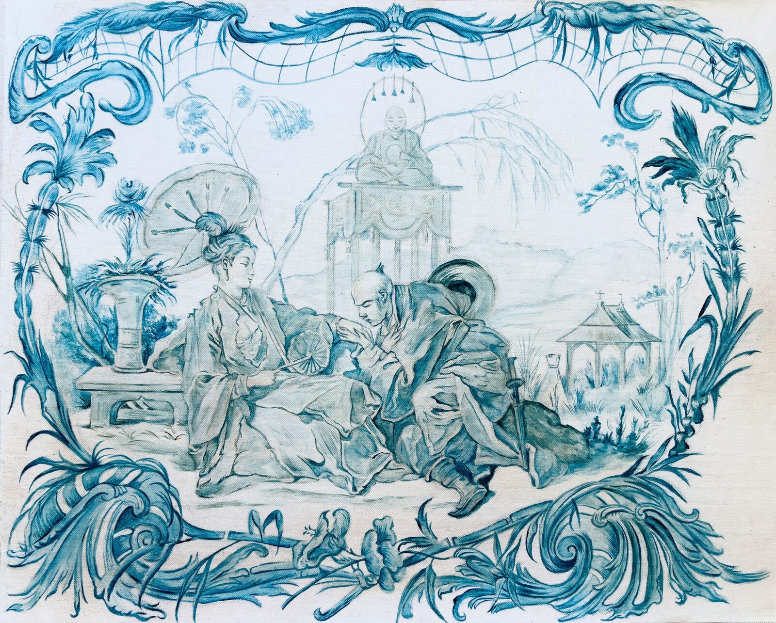 Chinoiserie — scène en camaïeu bleu