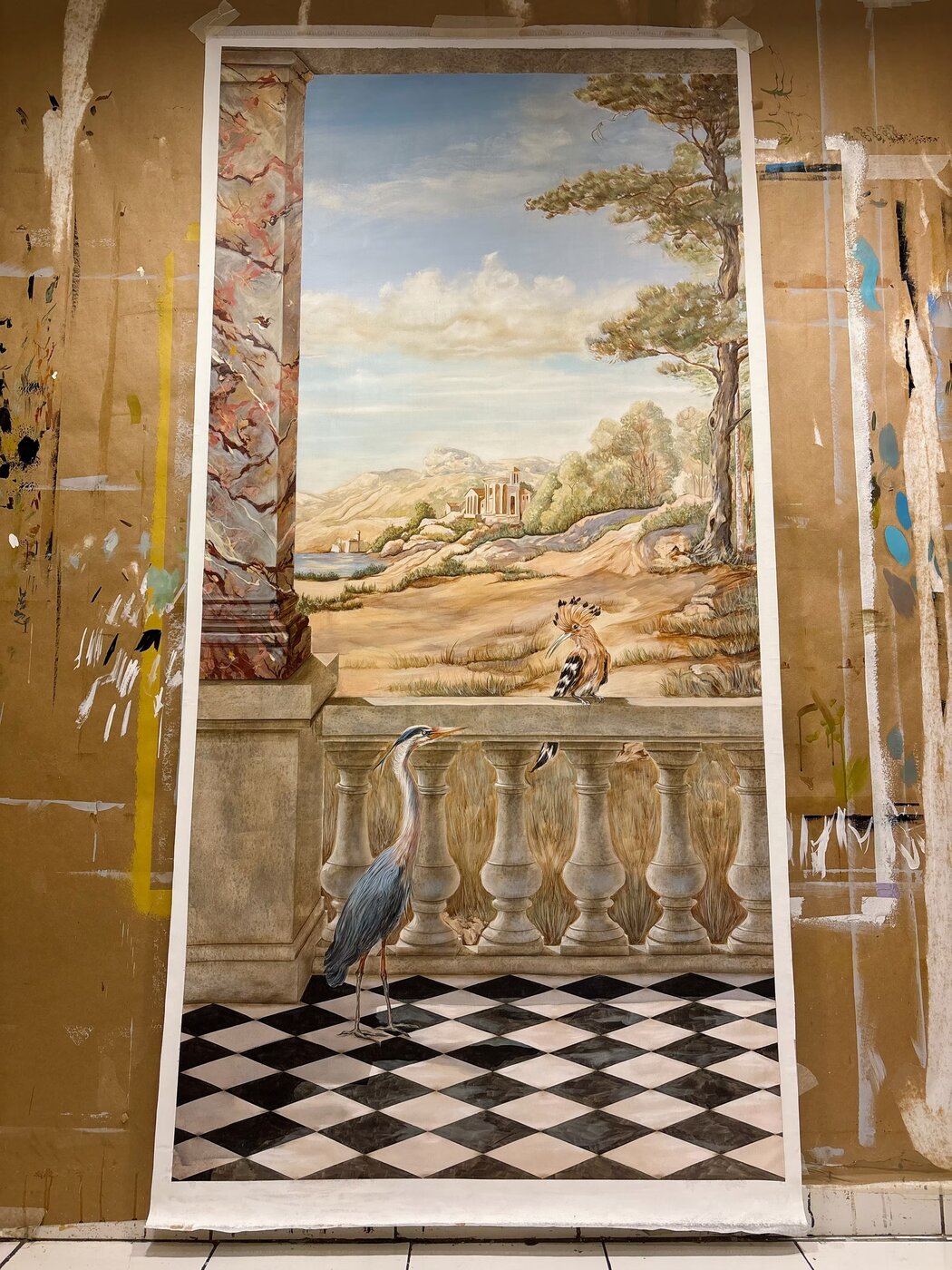 Panoramique en trompe-l'œil — balustrade et paysage
